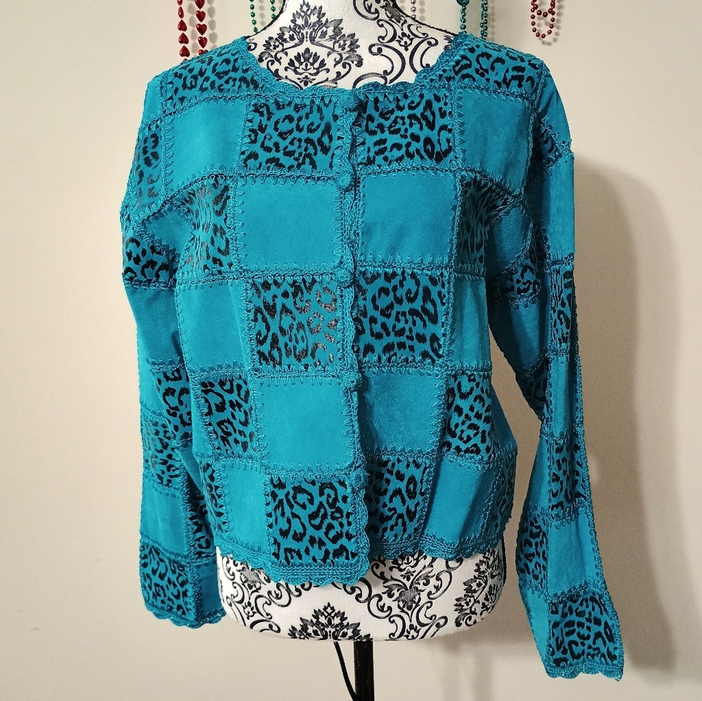 S.M.H. Boutique Leather Patchwork Cropped Jacket Turquoise & Leopard Print Small